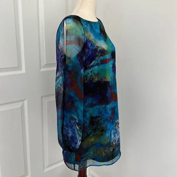Cache 100% silk cocktail sheath mini dress Sz 4 blue, black, green - Picture 7 of 11